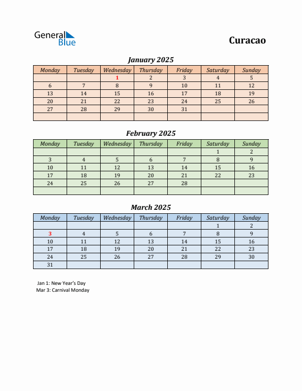 Q1 2025 Holiday Calendar - Curacao