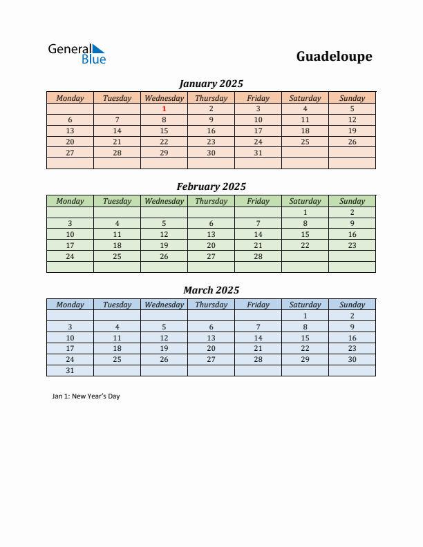 Q1 2025 Holiday Calendar - Guadeloupe