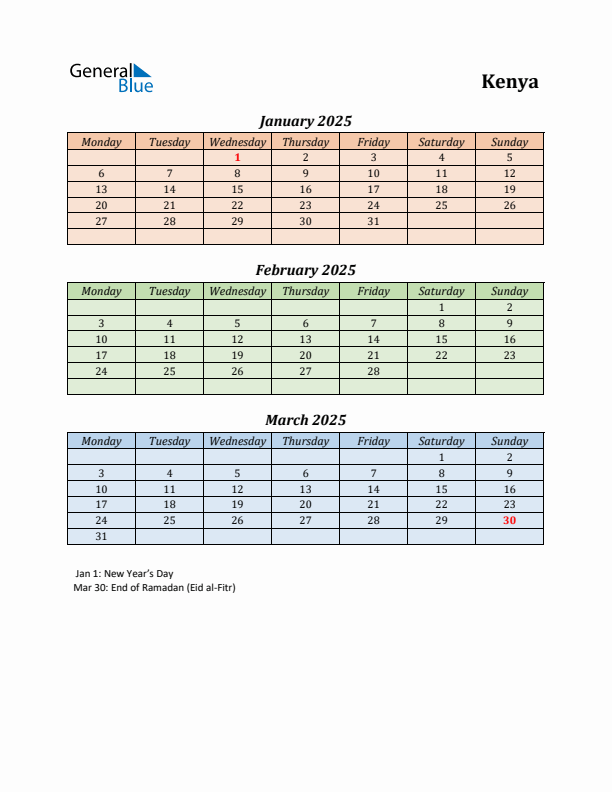 Q1 2025 Holiday Calendar - Kenya