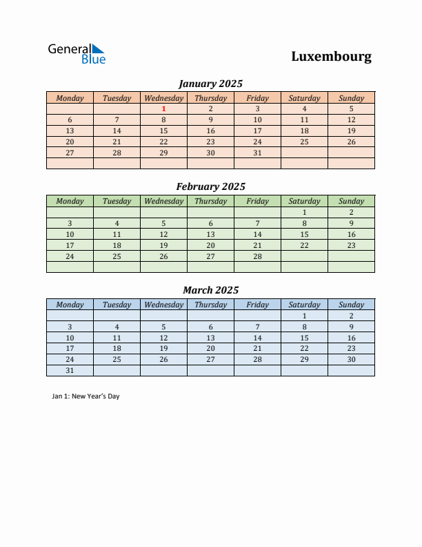 Q1 2025 Holiday Calendar - Luxembourg