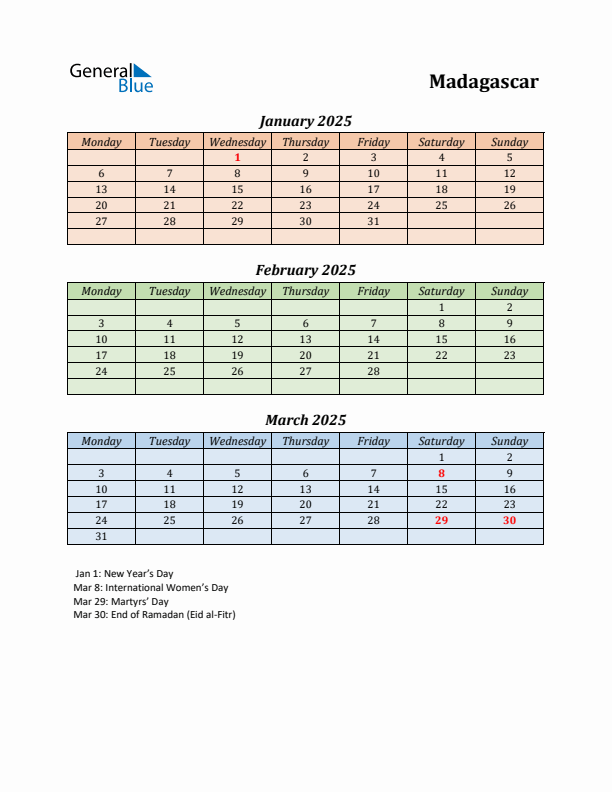 Q1 2025 Holiday Calendar - Madagascar