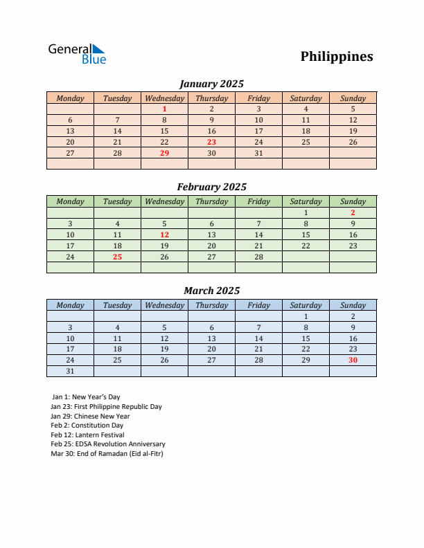 Threemonth calendar for Philippines Q1 of 2025