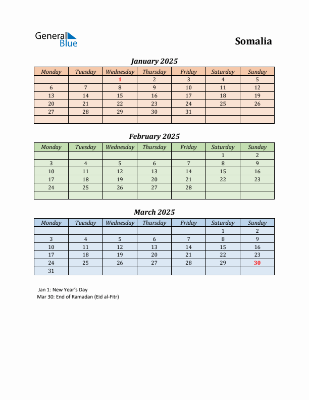 Q1 2025 Holiday Calendar - Somalia