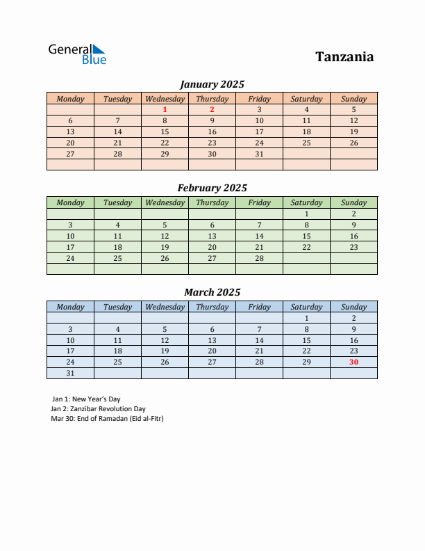 Q1 2025 Holiday Calendar - Tanzania