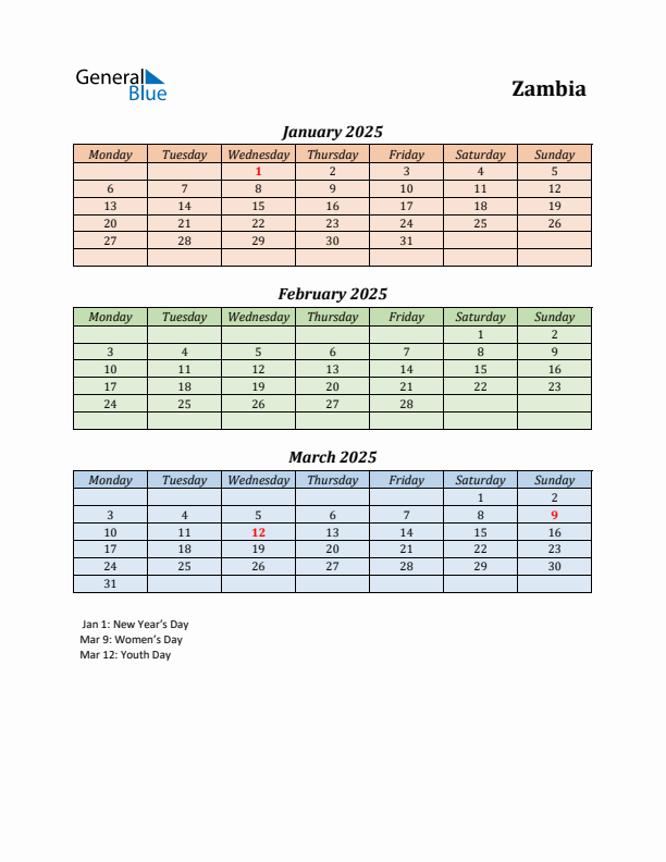 Q1 2025 Holiday Calendar - Zambia
