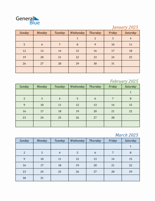 Three-Month Calendar for Year 2025 (January, February, and March)