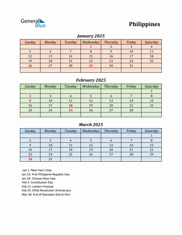 Q1 2025 Holiday Calendar - Philippines