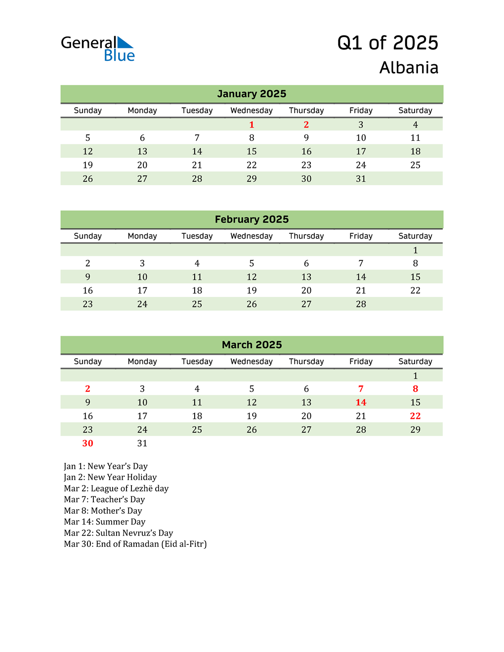  Quarterly Calendar 2025 with Albania Holidays 