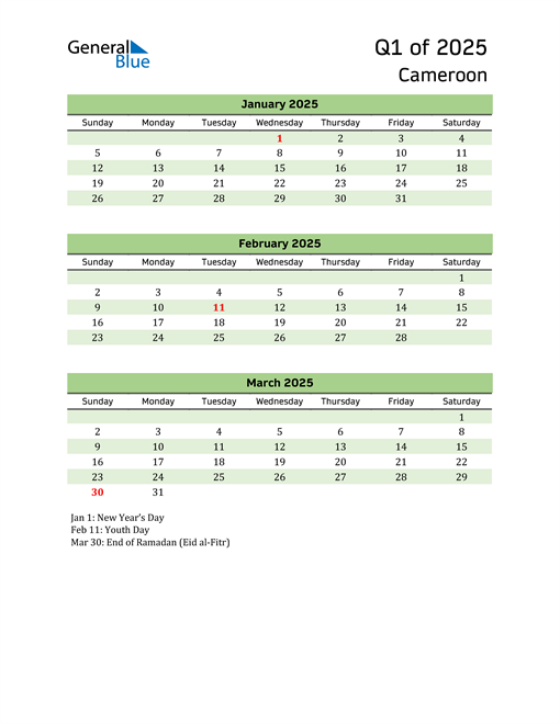  Quarterly Calendar 2025 with Cameroon Holidays 