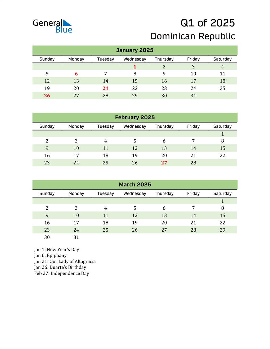  Quarterly Calendar 2025 with Dominican Republic Holidays 