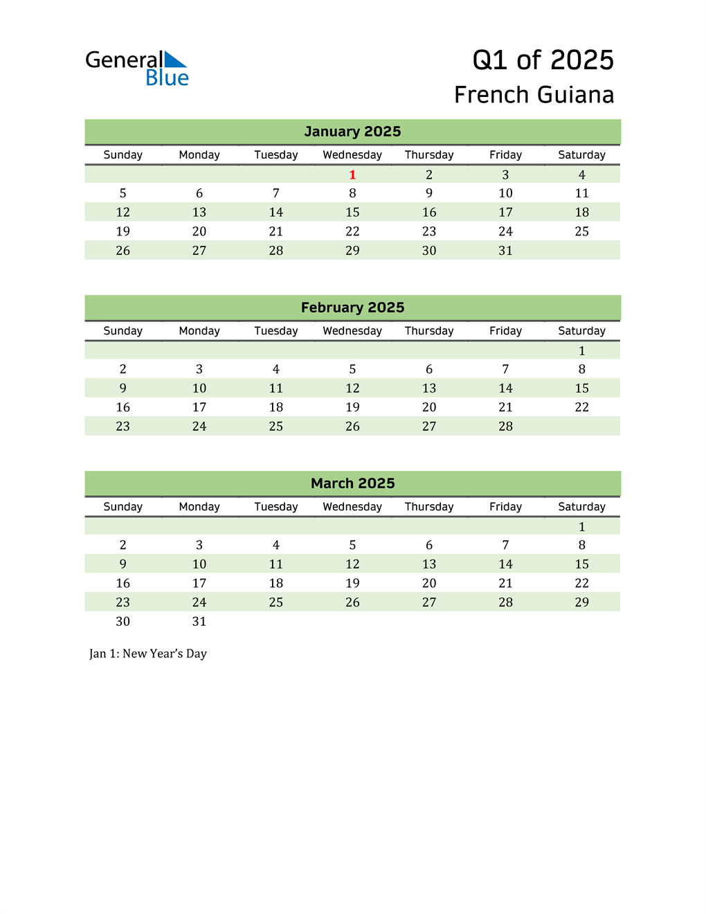  Quarterly Calendar 2025 with French Guiana Holidays 
