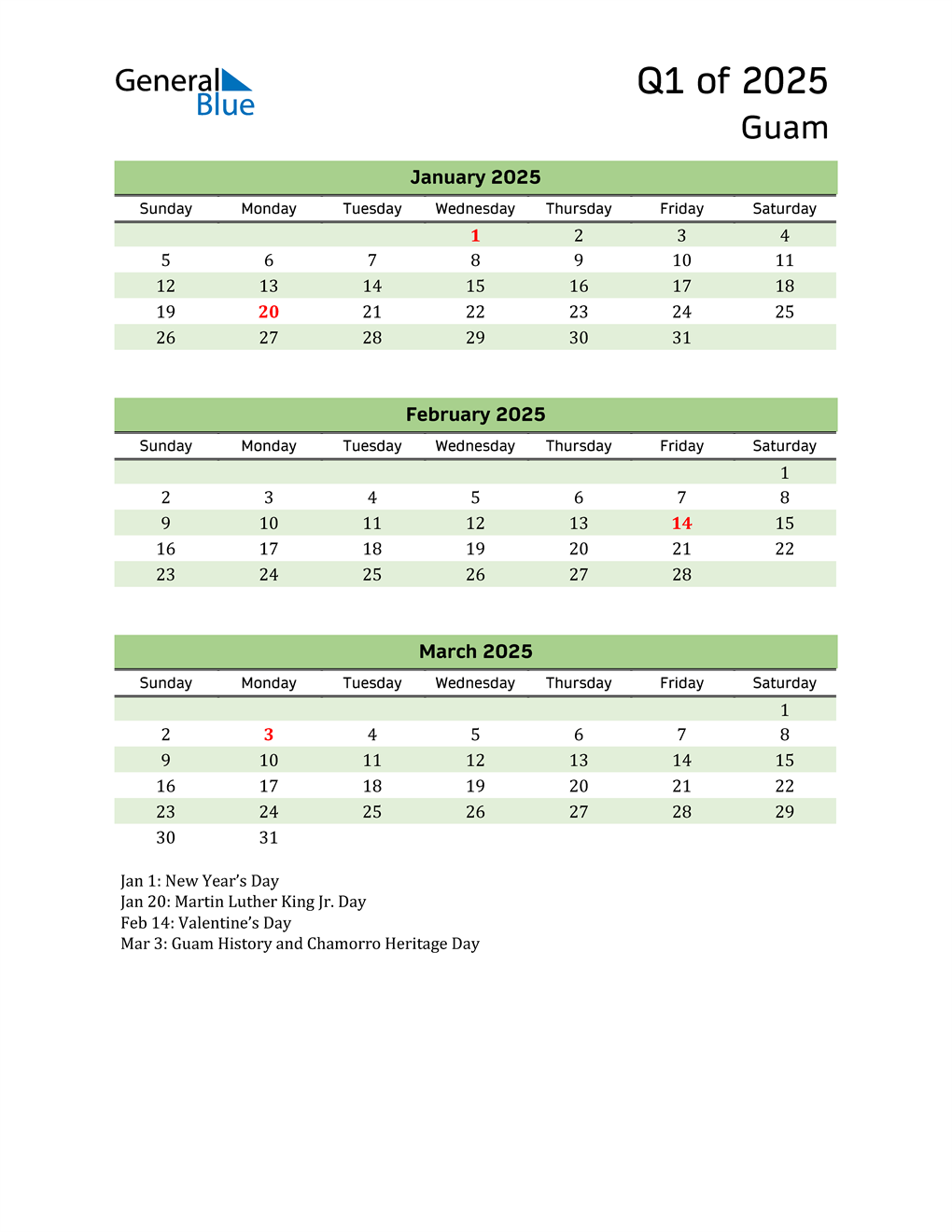  Quarterly Calendar 2025 with Guam Holidays 