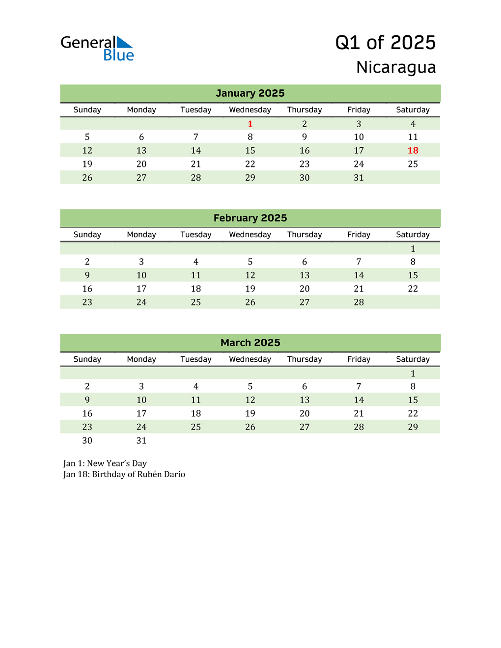  Quarterly Calendar 2025 with Nicaragua Holidays 