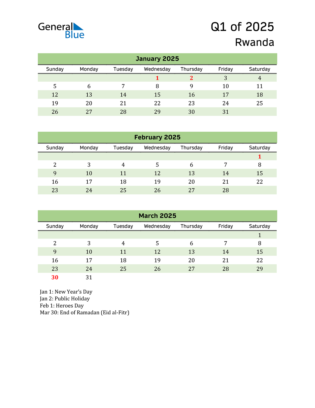  Quarterly Calendar 2025 with Rwanda Holidays 