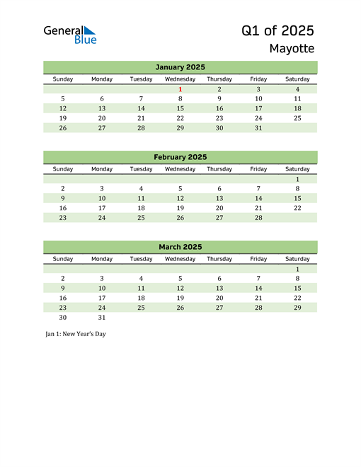  Quarterly Calendar 2025 with Mayotte Holidays 