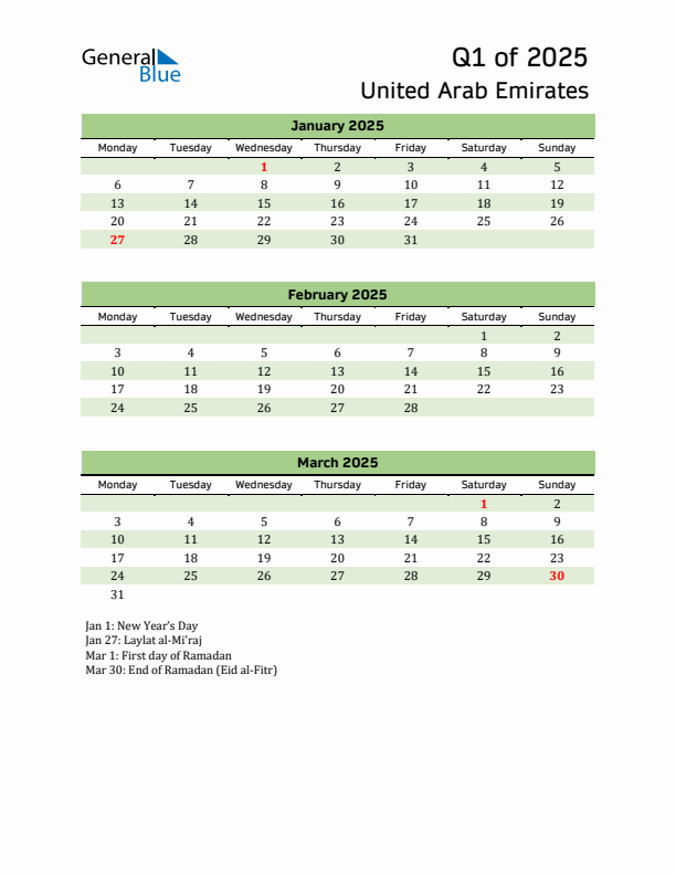 Quarterly Calendar 2025 with United Arab Emirates Holidays