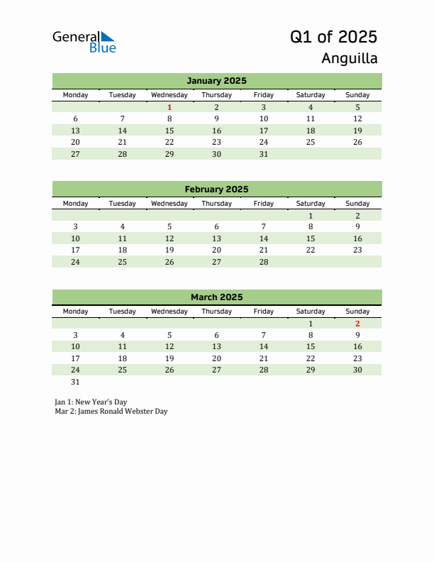 Quarterly Calendar 2025 with Anguilla Holidays