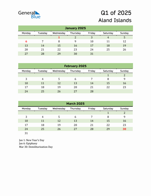 Quarterly Calendar 2025 with Aland Islands Holidays