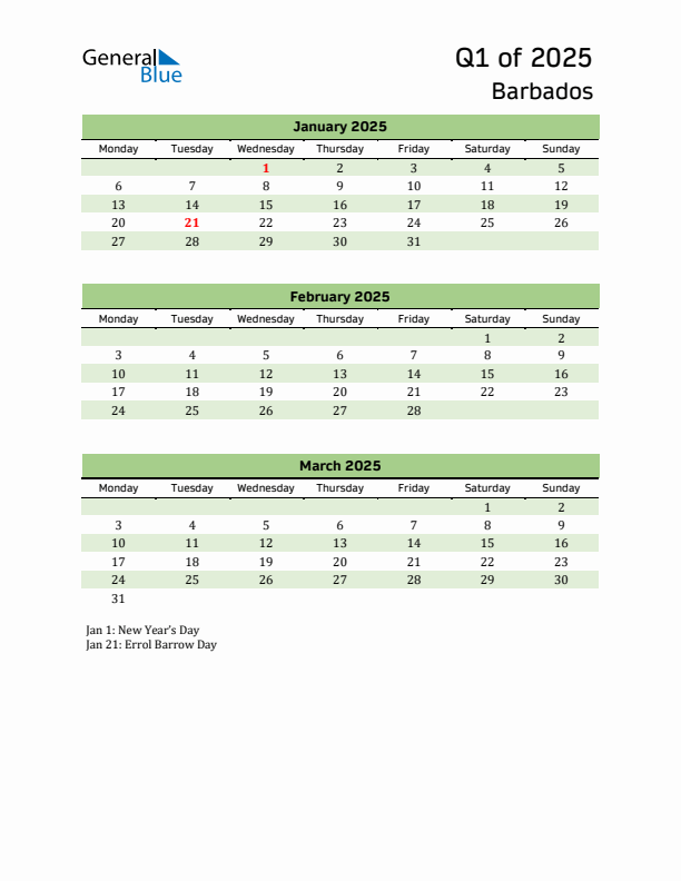 Quarterly Calendar 2025 with Barbados Holidays