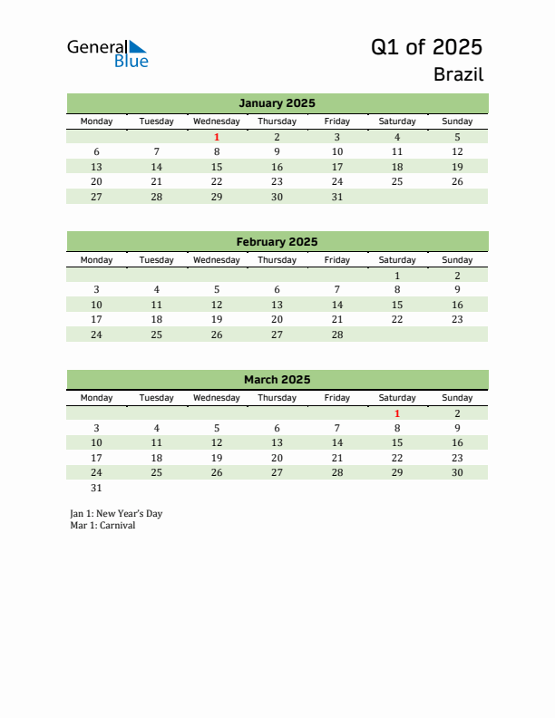Quarterly Calendar 2025 with Brazil Holidays