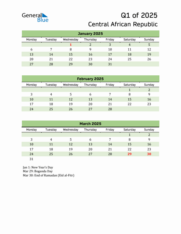 Quarterly Calendar 2025 with Central African Republic Holidays