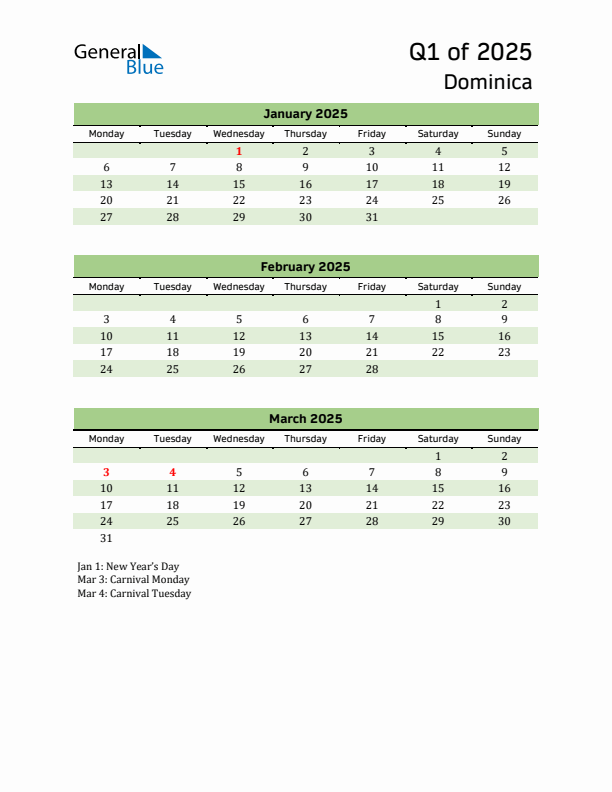 Quarterly Calendar 2025 with Dominica Holidays