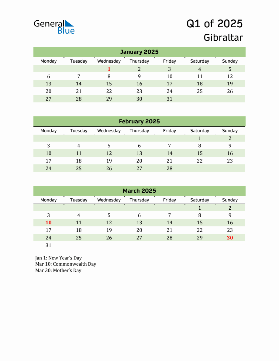 Quarterly Calendar 2025 with Gibraltar Holidays