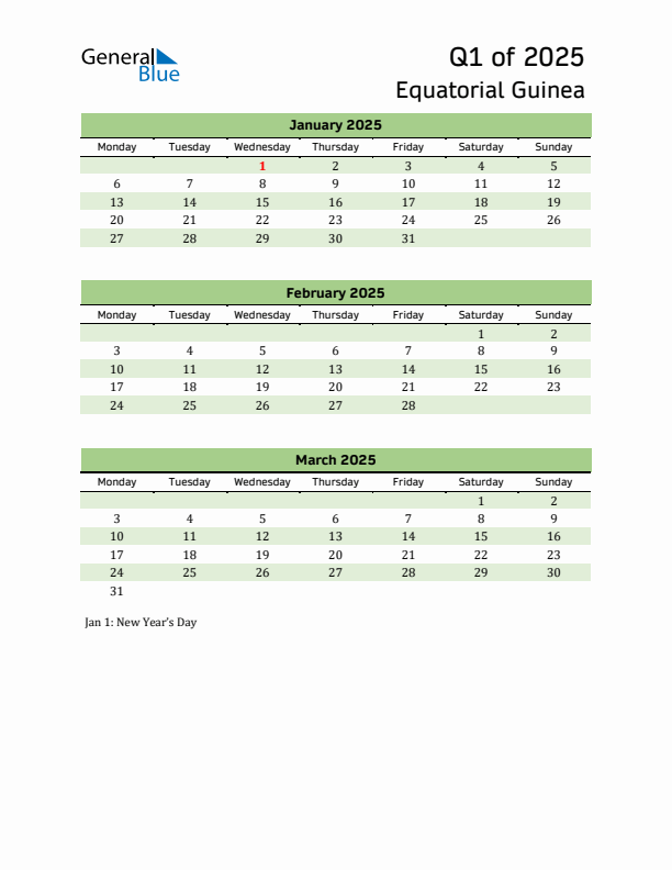 Quarterly Calendar 2025 with Equatorial Guinea Holidays