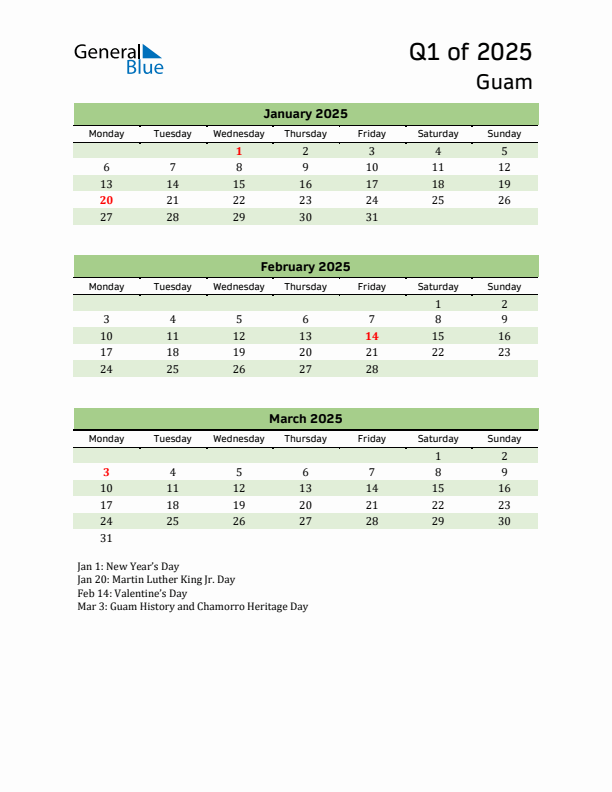 Quarterly Calendar 2025 with Guam Holidays