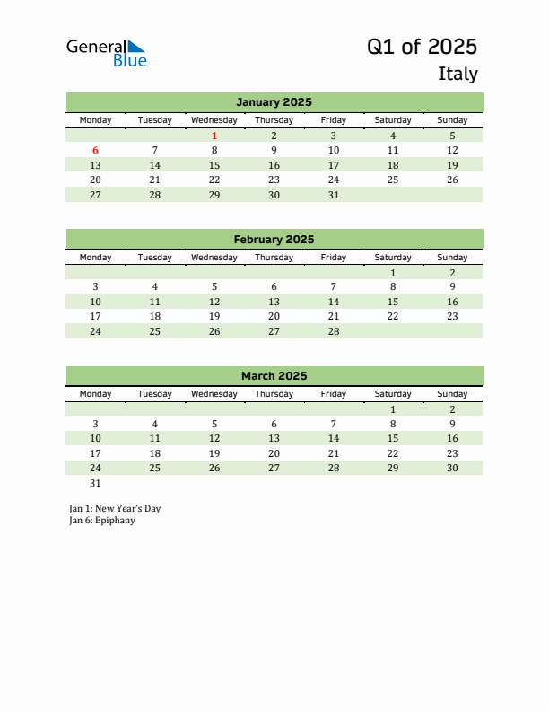 Quarterly Calendar 2025 with Italy Holidays