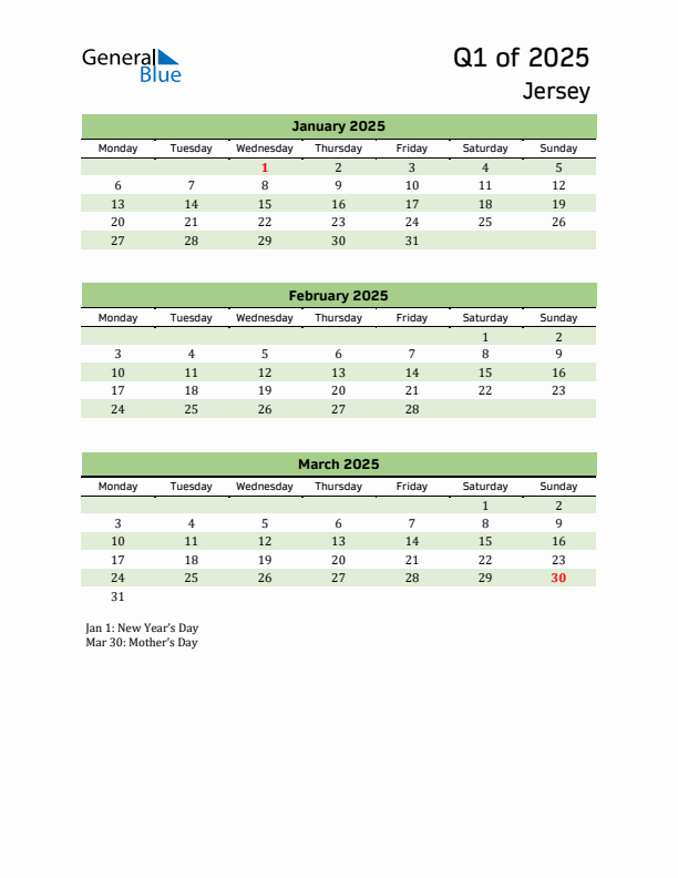 Quarterly Calendar 2025 with Jersey Holidays