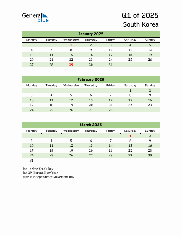 Quarterly Calendar 2025 with South Korea Holidays