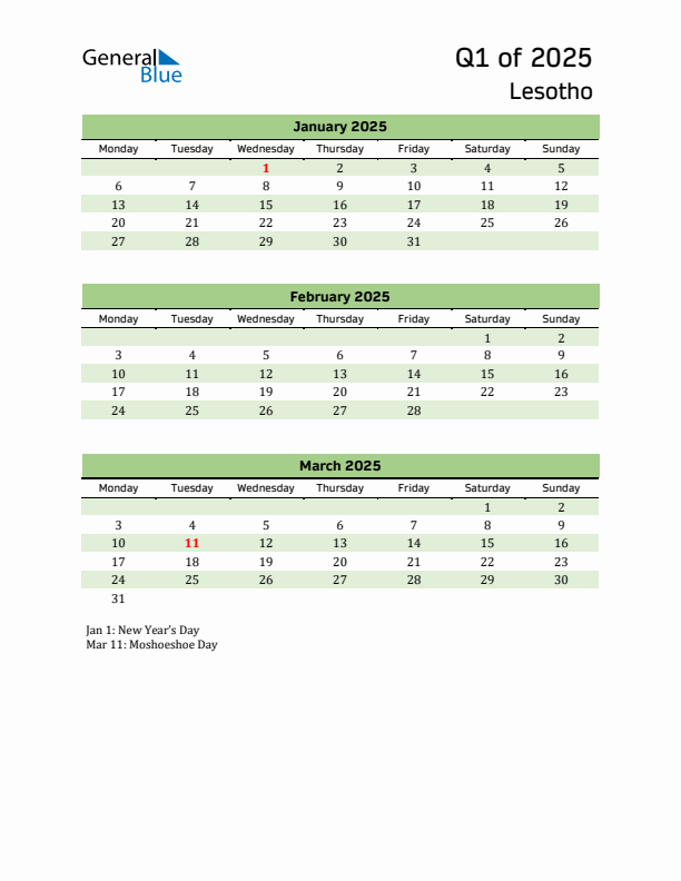 Quarterly Calendar 2025 with Lesotho Holidays