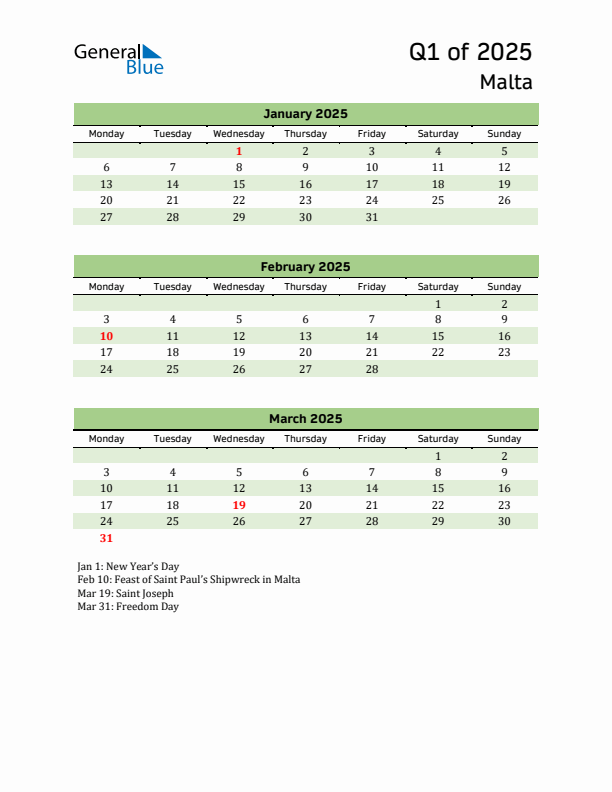 Quarterly Calendar 2025 with Malta Holidays