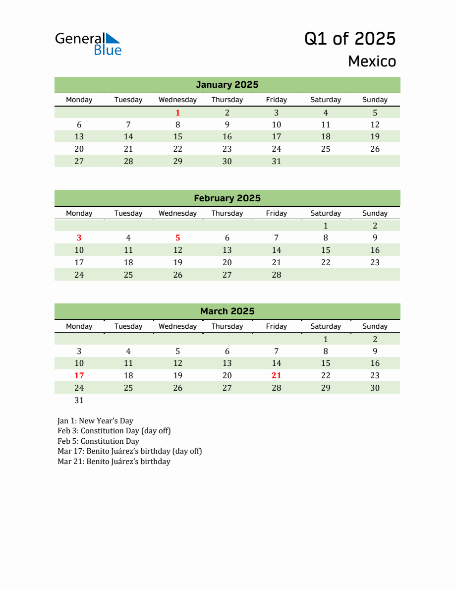 Quarterly Calendar 2025 with Mexico Holidays