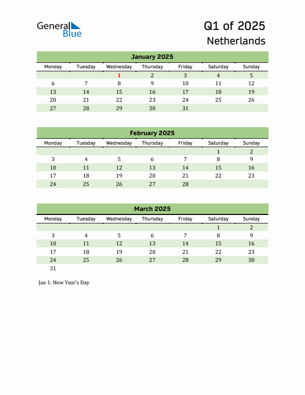 Quarterly Calendar 2025 with The Netherlands Holidays
