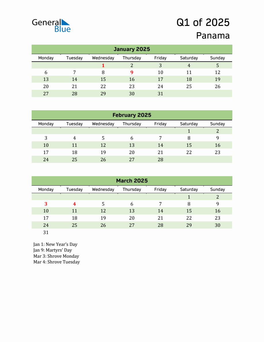 Quarterly Calendar 2025 with Panama Holidays