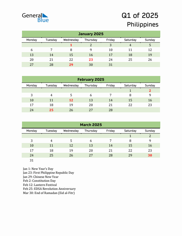 Quarterly Calendar 2025 with Philippines Holidays