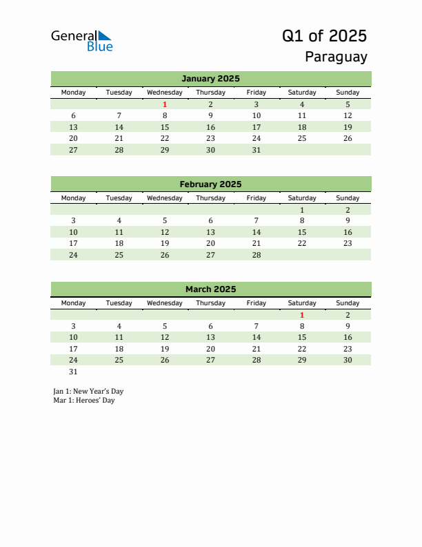 Quarterly Calendar 2025 with Paraguay Holidays
