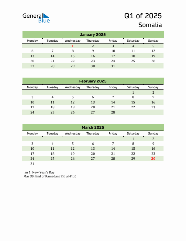 Quarterly Calendar 2025 with Somalia Holidays