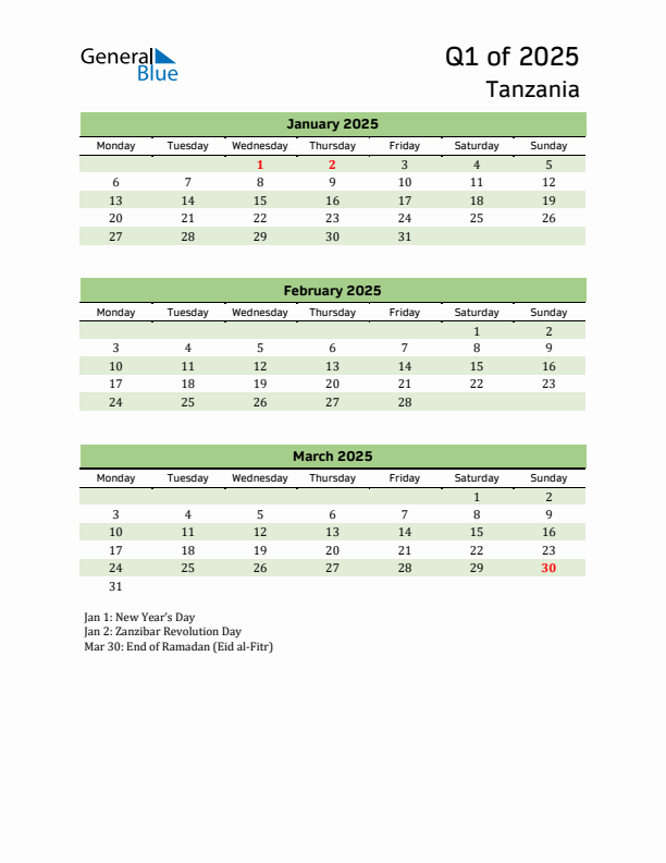 Quarterly Calendar 2025 with Tanzania Holidays