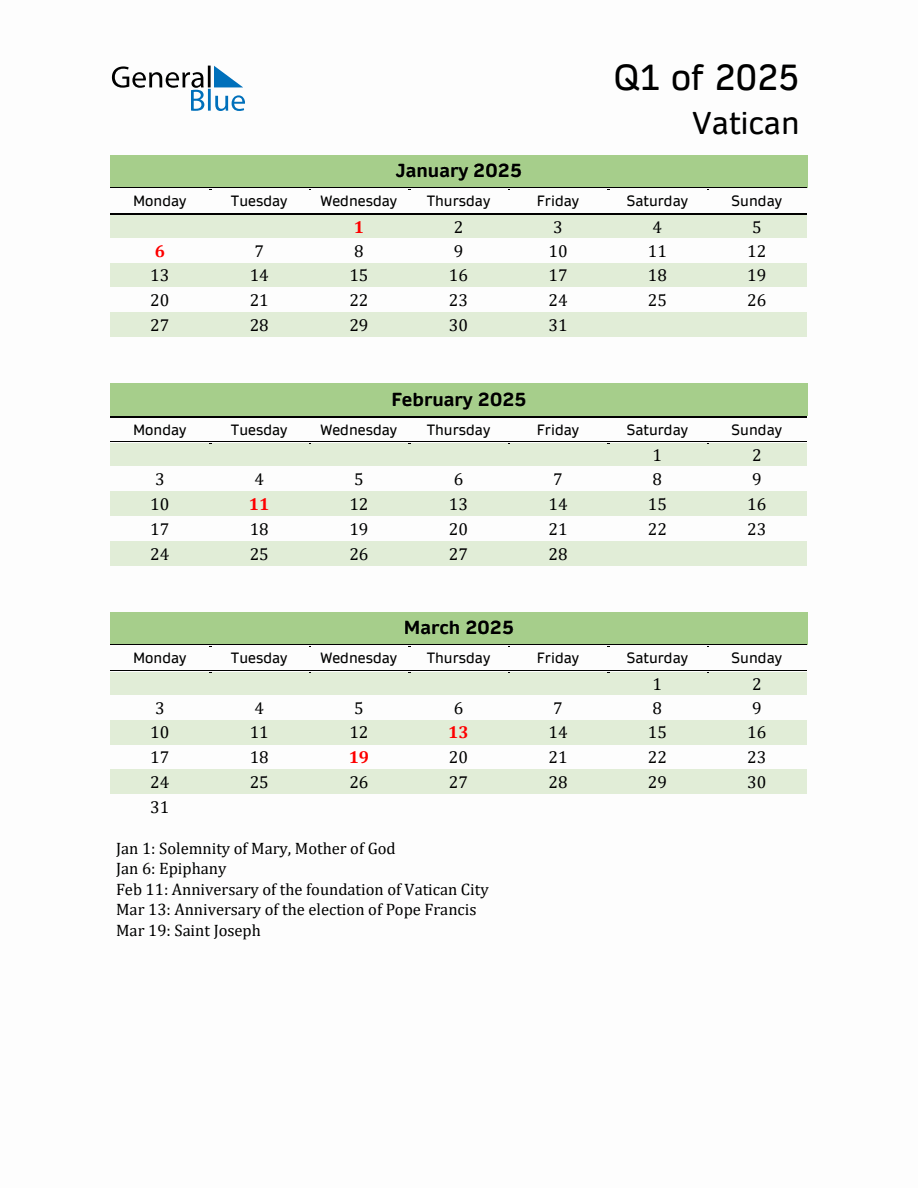 Quarterly Calendar 2025 with Vatican Holidays