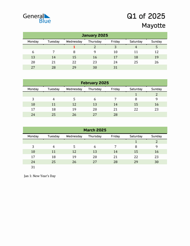 Quarterly Calendar 2025 with Mayotte Holidays