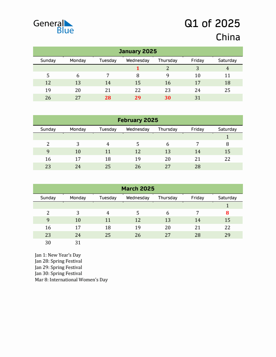 Quarterly Calendar 2025 with China Holidays