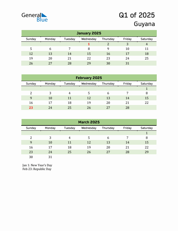 Quarterly Calendar 2025 with Guyana Holidays
