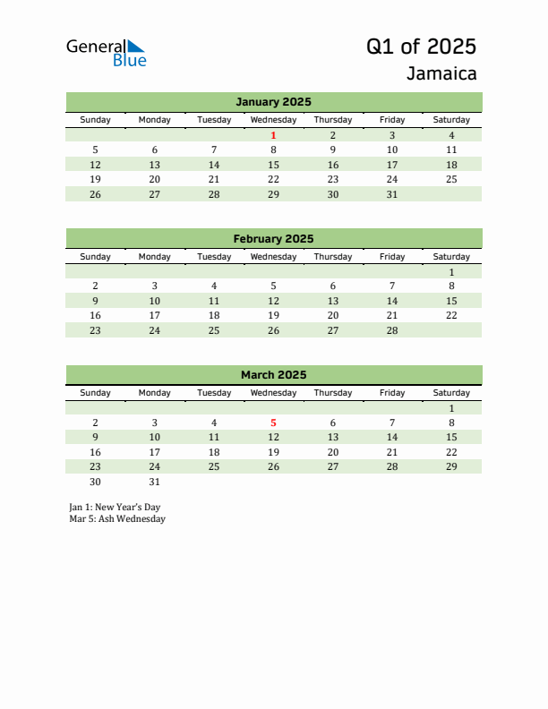 Quarterly Calendar 2025 with Jamaica Holidays