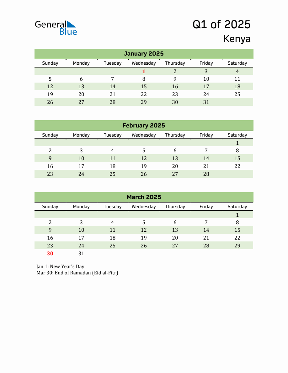 Quarterly Calendar 2025 with Kenya Holidays