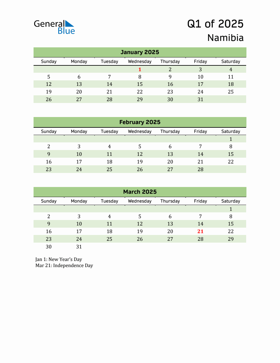 Quarterly Calendar 2025 with Namibia Holidays