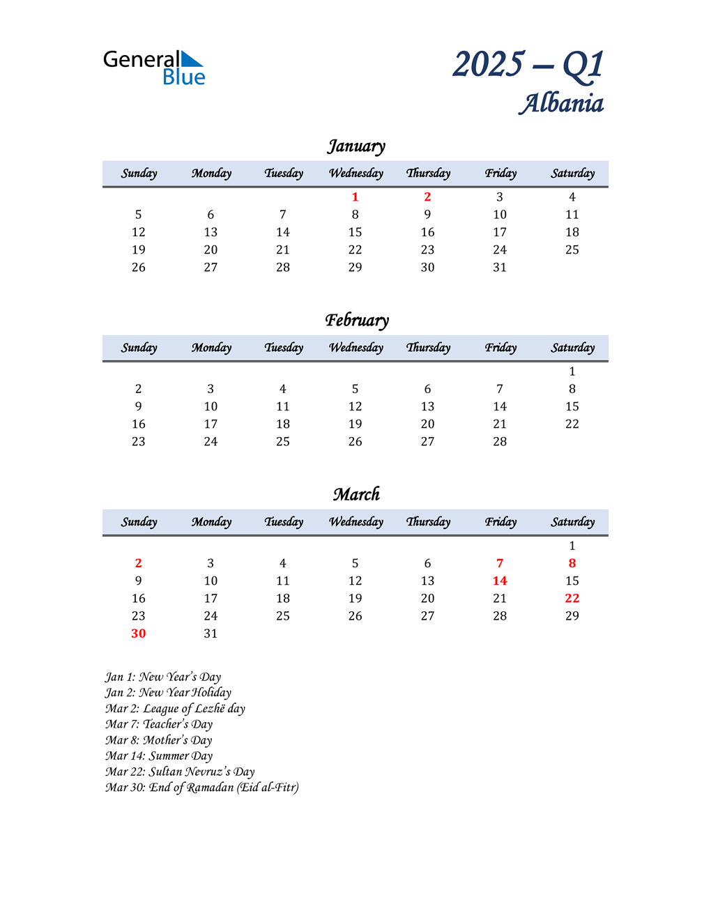  January, February, and March Calendar for Albania
