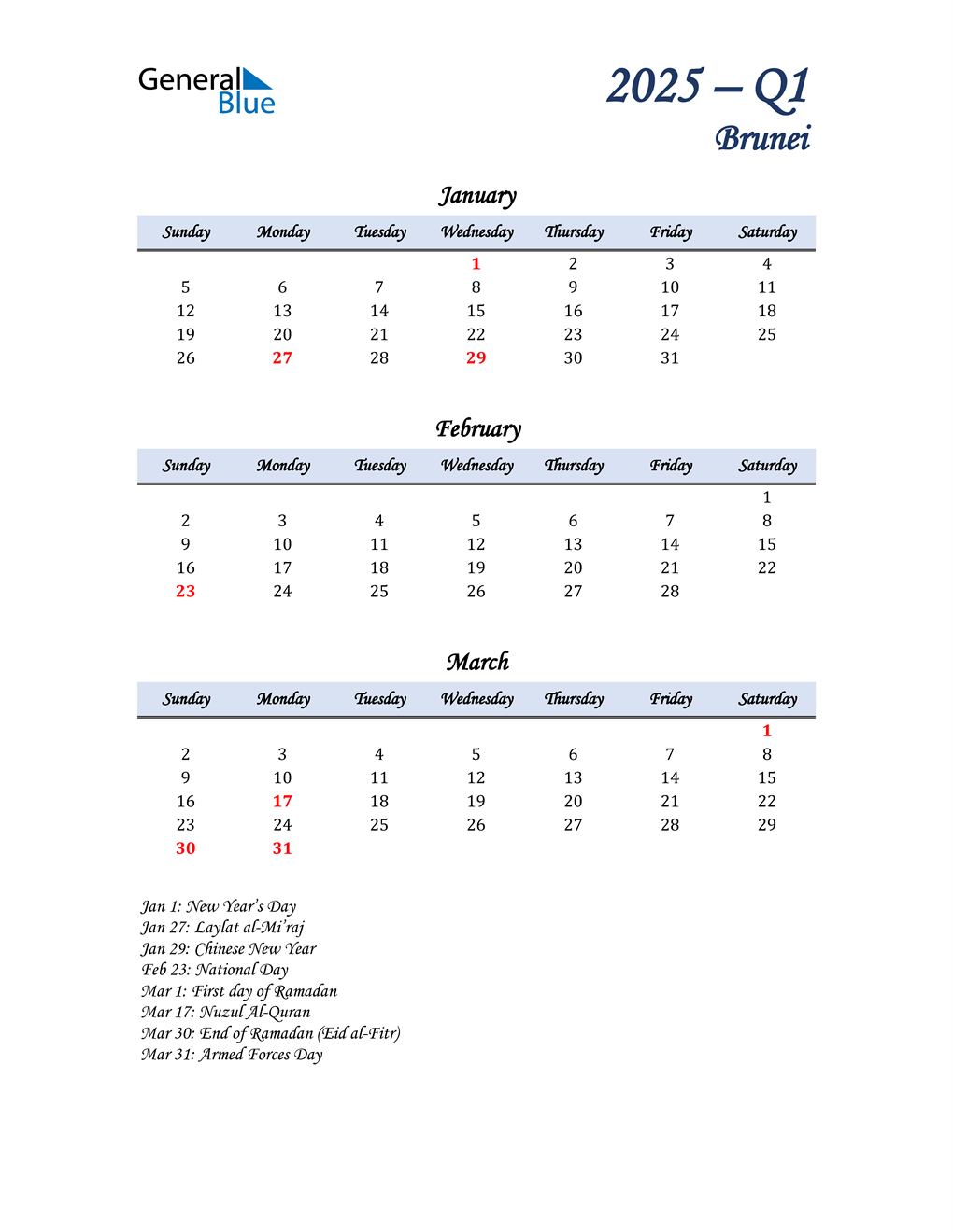  January, February, and March Calendar for Brunei